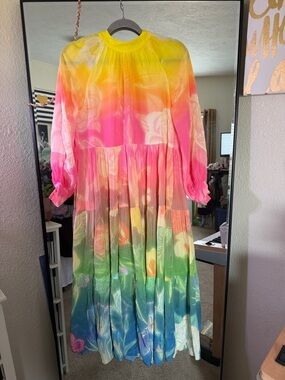 Bright Ombre Floral Tiered Maxi Dress with Neck Tie